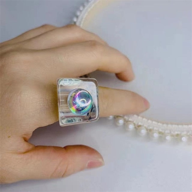 Aveuri 2023 1PC Korea Fashion New Geometric Square Colorful Resin Acrylic Big Rings For Women Chic Rings Jewelry Gifts