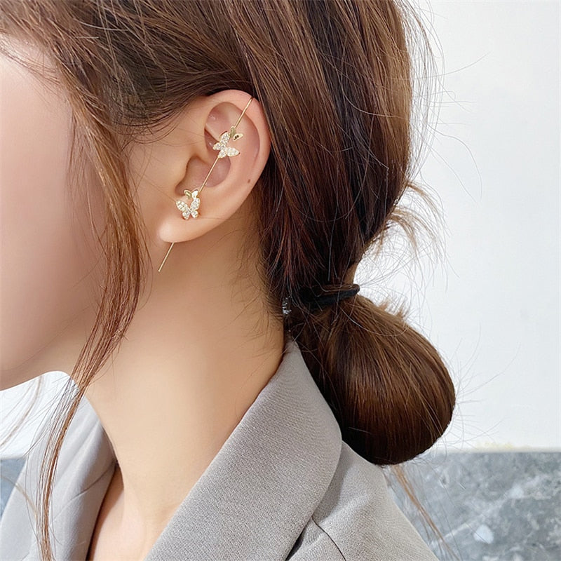 LATS Long Wrap Crawler Hook Earrings Fashion Lightning Crystal Stud Earrings Climber Earrings Piercing Jewelry for Women Gifts