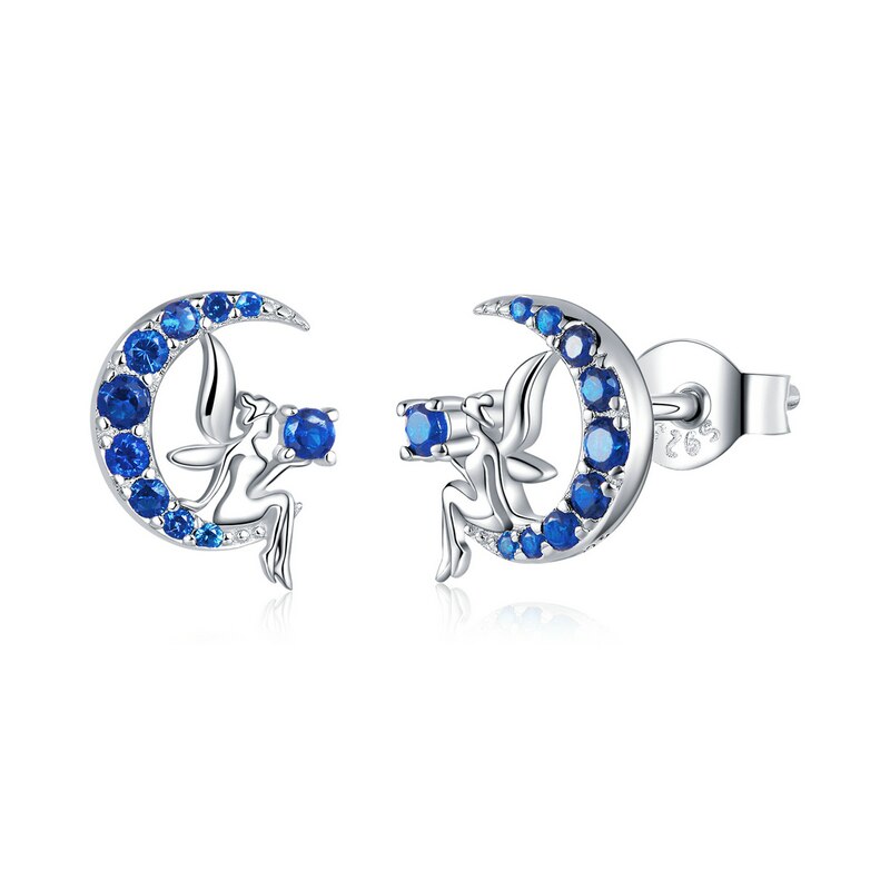 AVEURI Genuine Alloy Cat on the Moon Round Blue Stud Earrings for Women Ear Pins Fine Wedding Jewelry GXE880