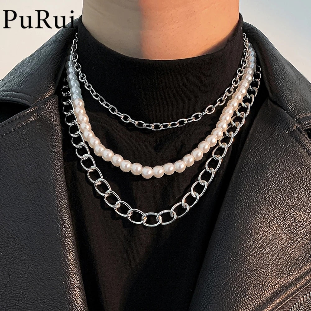 Aveuri Hip Hop Punk Pearl Necklace Stainless Steel Curb Cuban Link Chain Choker for Men Women Silver Color Fashion Male Jewelry Gift