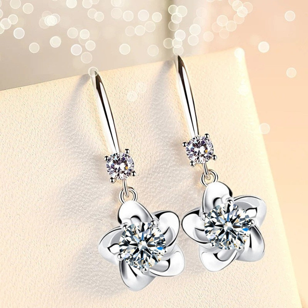 Christmas Gift alloy new women's fashion jewelry pink blue white zircon long tassel flower hook type earrings