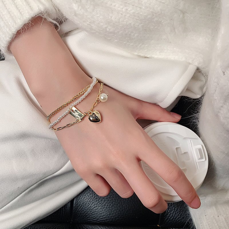 Aveuri Super Value Multi Layer bead Heart Folded Bracelets Korean Fashion Jewelry Party Girl‘s Elegant Wrist Accessories For Woman