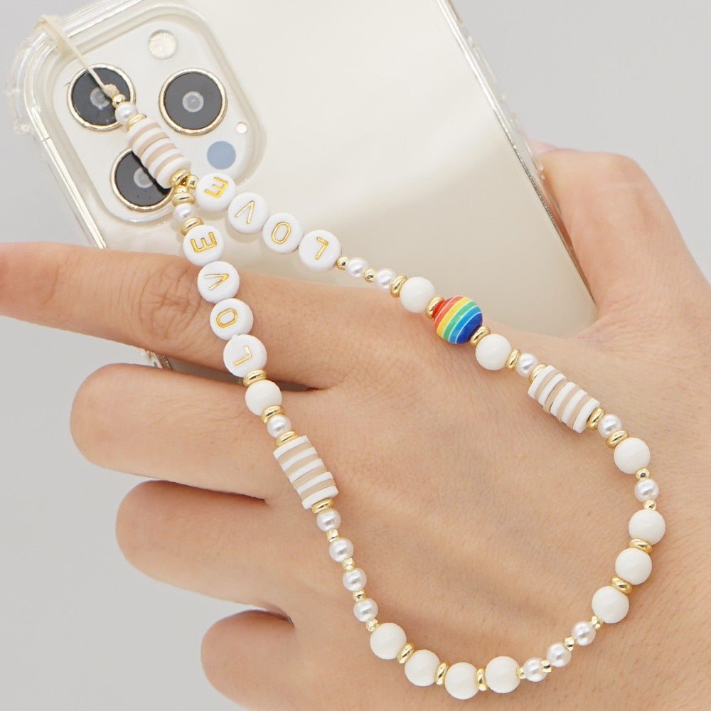 Shinus Heishi Disc Beads Crystal Chain For Phone Mobile Phone Lanyard Smile Cell Phone Chains 2021 LOVE Letter String Wristband