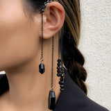 Back to college 2023 Punk Style Crystal Tassel Ear Clip On Clip Earrings Women Exquisite Black Beads Long Tassels Hanging Jewelry Clamp Cuff Earring
