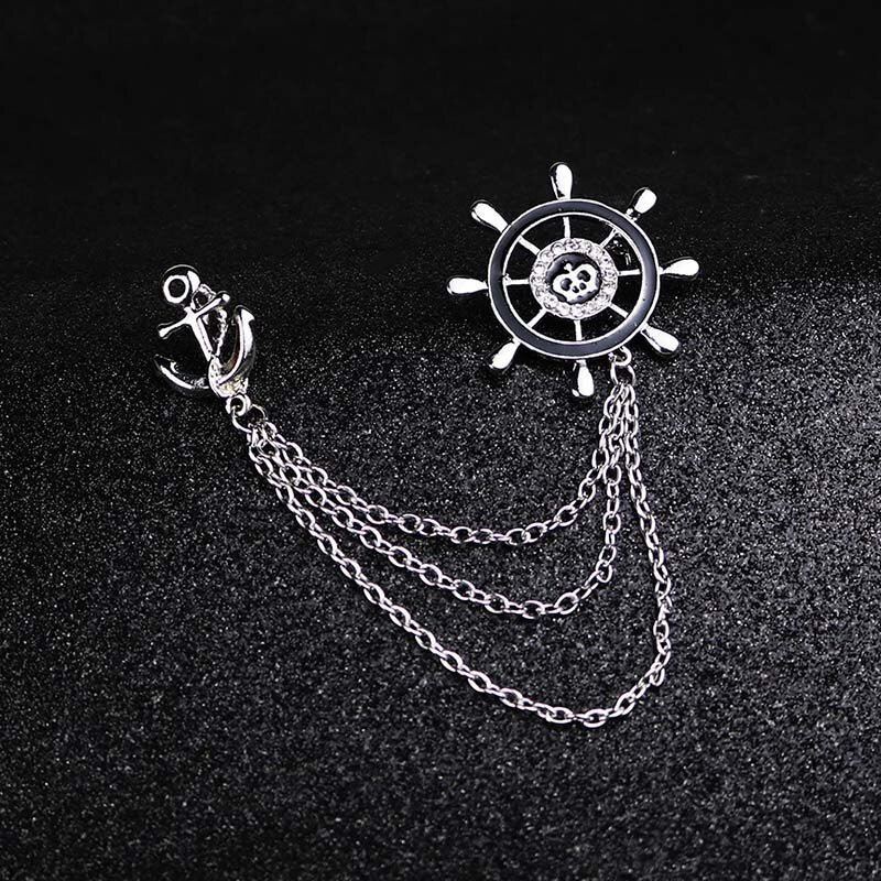 HUISHI Crystal Brooch Golden Ship's Anchor Rudder Brooches For Mens Suit Badge Lapel Pin For Men Women Chain Christmas Gift