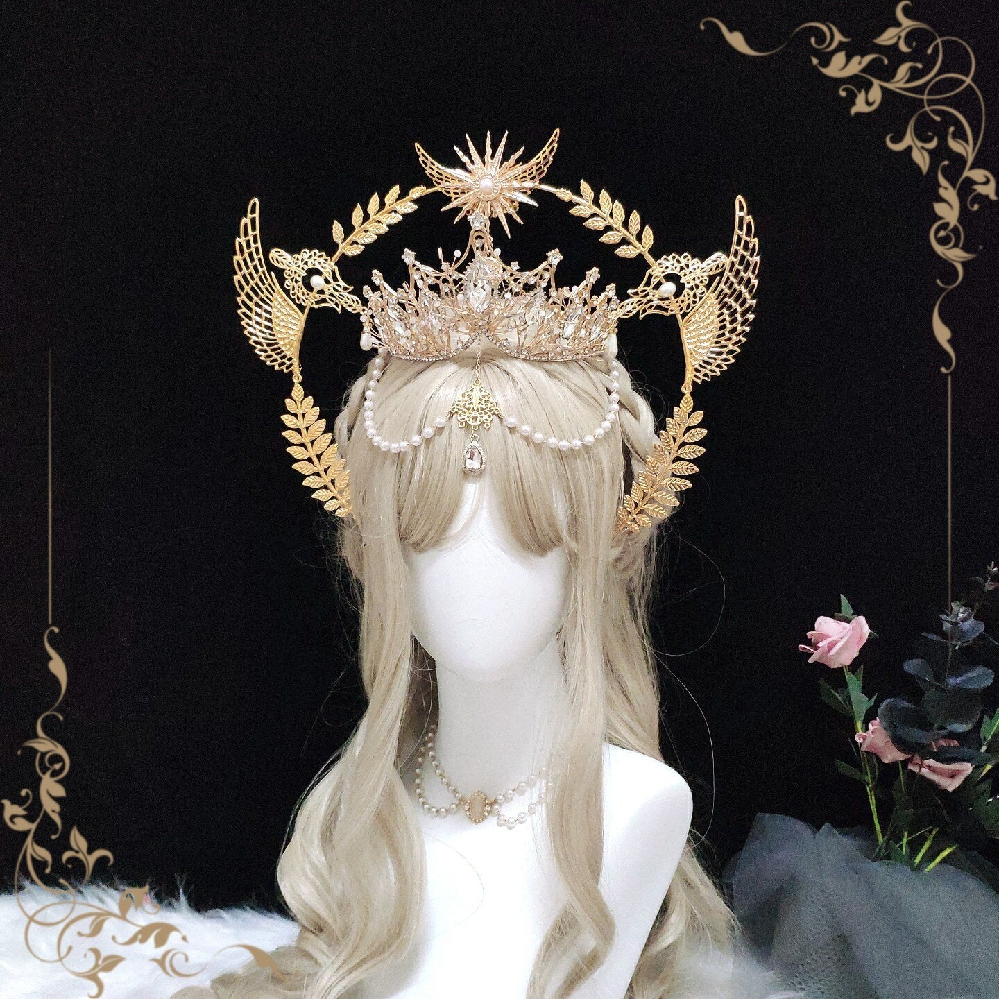 Virgin Mary Halo Bride Crown Bead Chain Baroque Tiara Headwear Lolita Vintage Headband Angel Gold Halo Goddess Headpiece