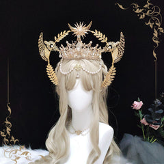 Virgin Mary Halo Bride Crown Bead Chain Baroque Tiara Headwear Lolita Vintage Headband Angel Gold Halo Goddess Headpiece