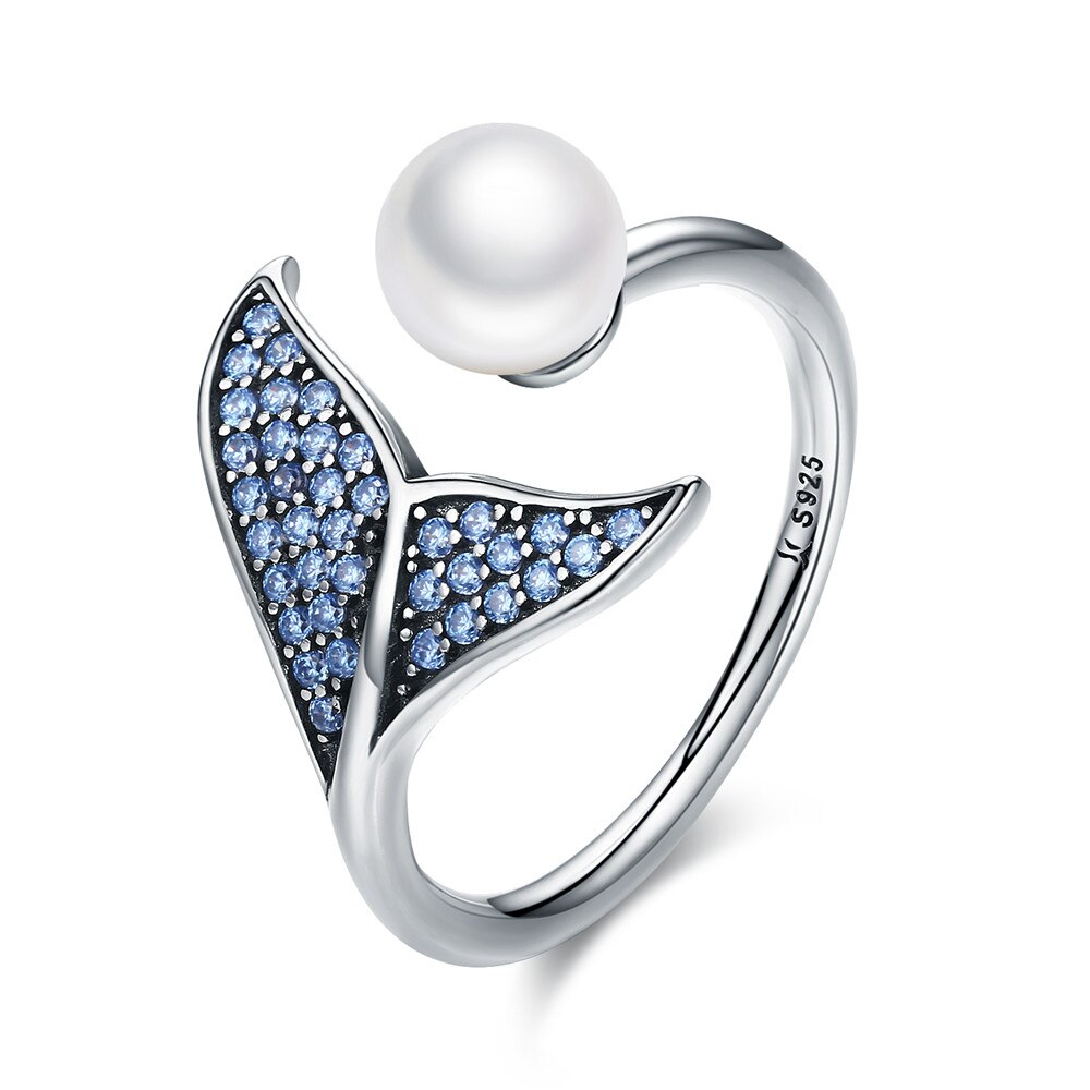 AVEURI Creative Double Pearl Finger Ring Fish Tail for Women Adjustable Size fit 5 6 7 8 9 Authentic Alloy Jewelry