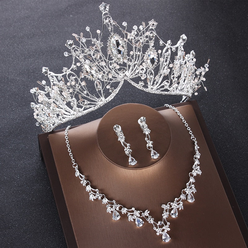 Luxury Heart Crystal Bridal Jewelry Sets Wedding Cubic Zircon Crown Tiaras Earring Choker Necklace Set African Beads Jewelry Set