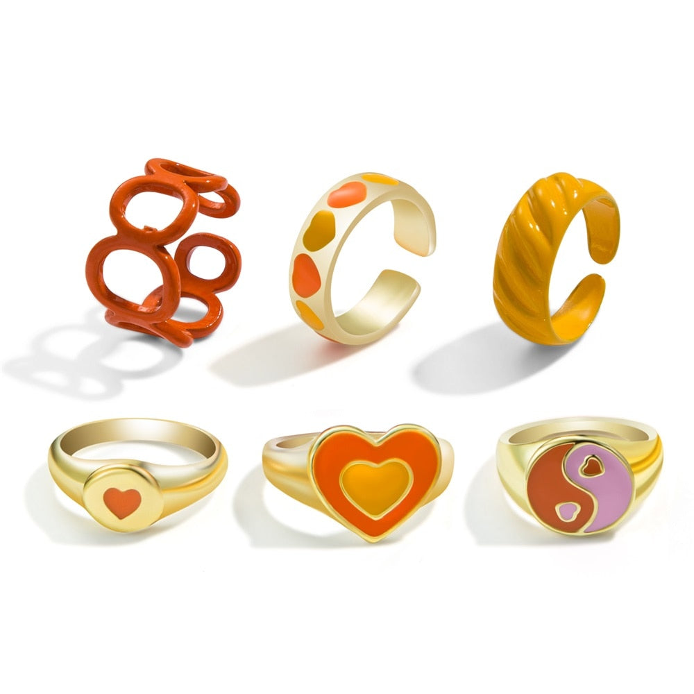 Aveuri Y2K Style Korean Colorful Resin Chain Rings Set for Women Fashion Colorful Multilayered Heart Ring Wholesale Jewelry