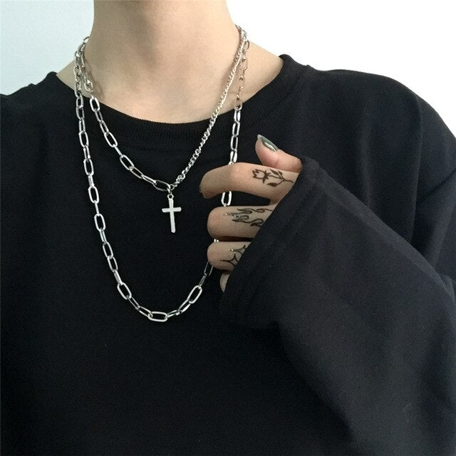 Aveuri 2023 Fashion Multilayer Silver Color Metal Chain Cross Necklace Couple Hip Hop Punk Geometric Pendant Necklaces For Women Men