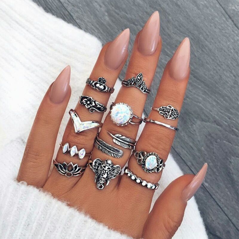 Aveuri Leaf Moon Crescent Rings for Women Antique Sliver Color Punk Knuckle Midi Ring Set Vintage  Jewelry Accessories Wholesale