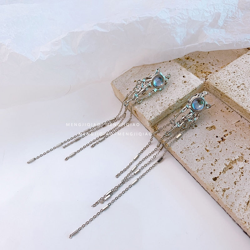 Korean Colorful Moonstone Goth Drop Earrings 2023 Trend More Layer Long Tassel Chain Dangle Earring For Women Girl Gift Jewelry