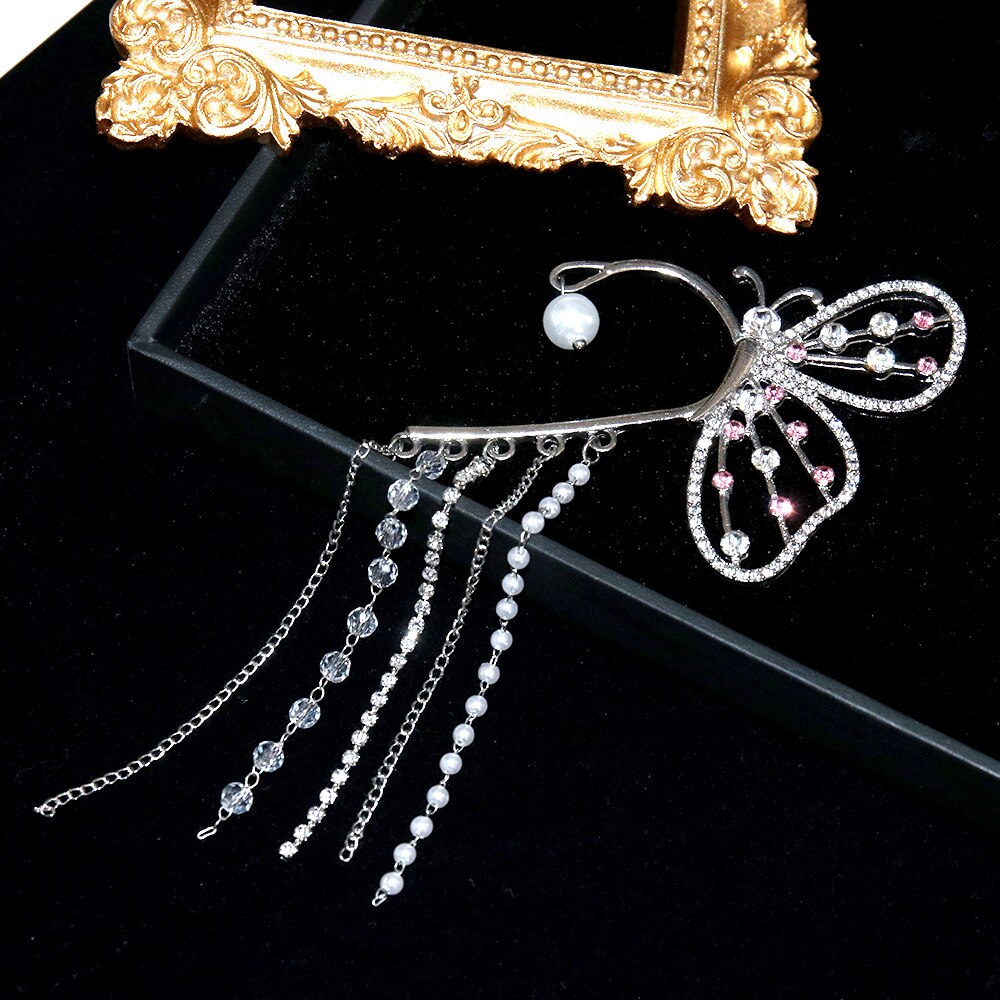 Big Butterfly Pearl Crystal Long Clip Earrings Ear Hook Without Pierced Ears Tassel Chain Drop Earrings Valentines Day AM4005