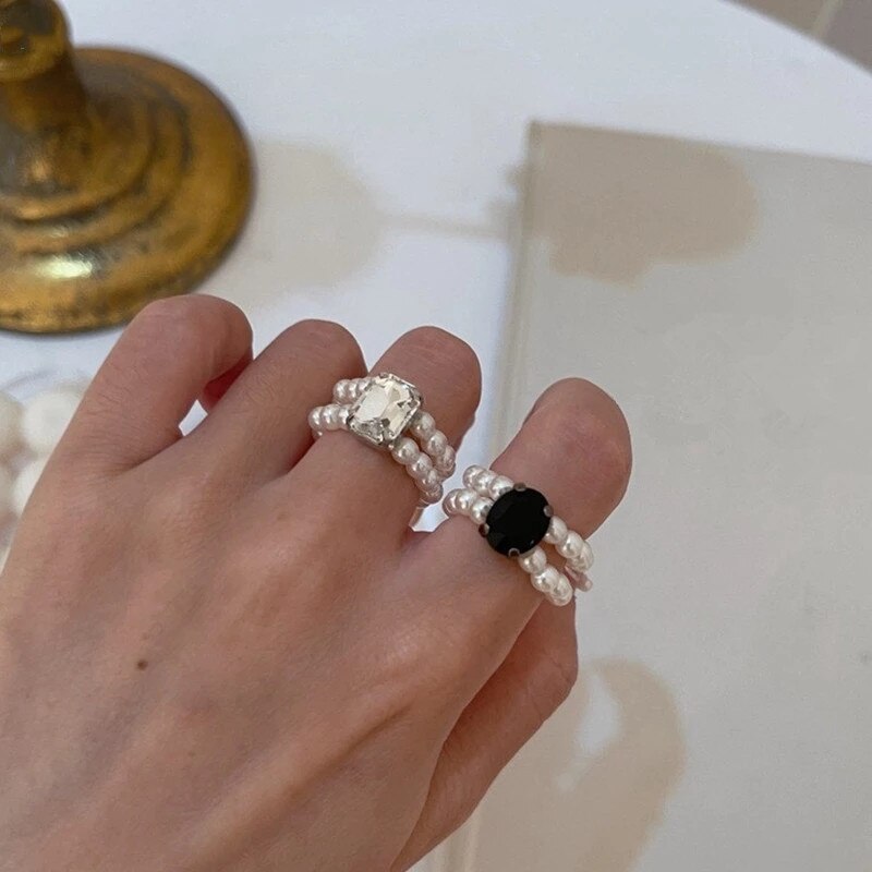 Aveuri 2023 Korea Fashion Vintage Zwart Wit Crystal Imitatie Parel Kralen Elastische Ringen Voor Vrouwen Partij Sieraden Geschenken