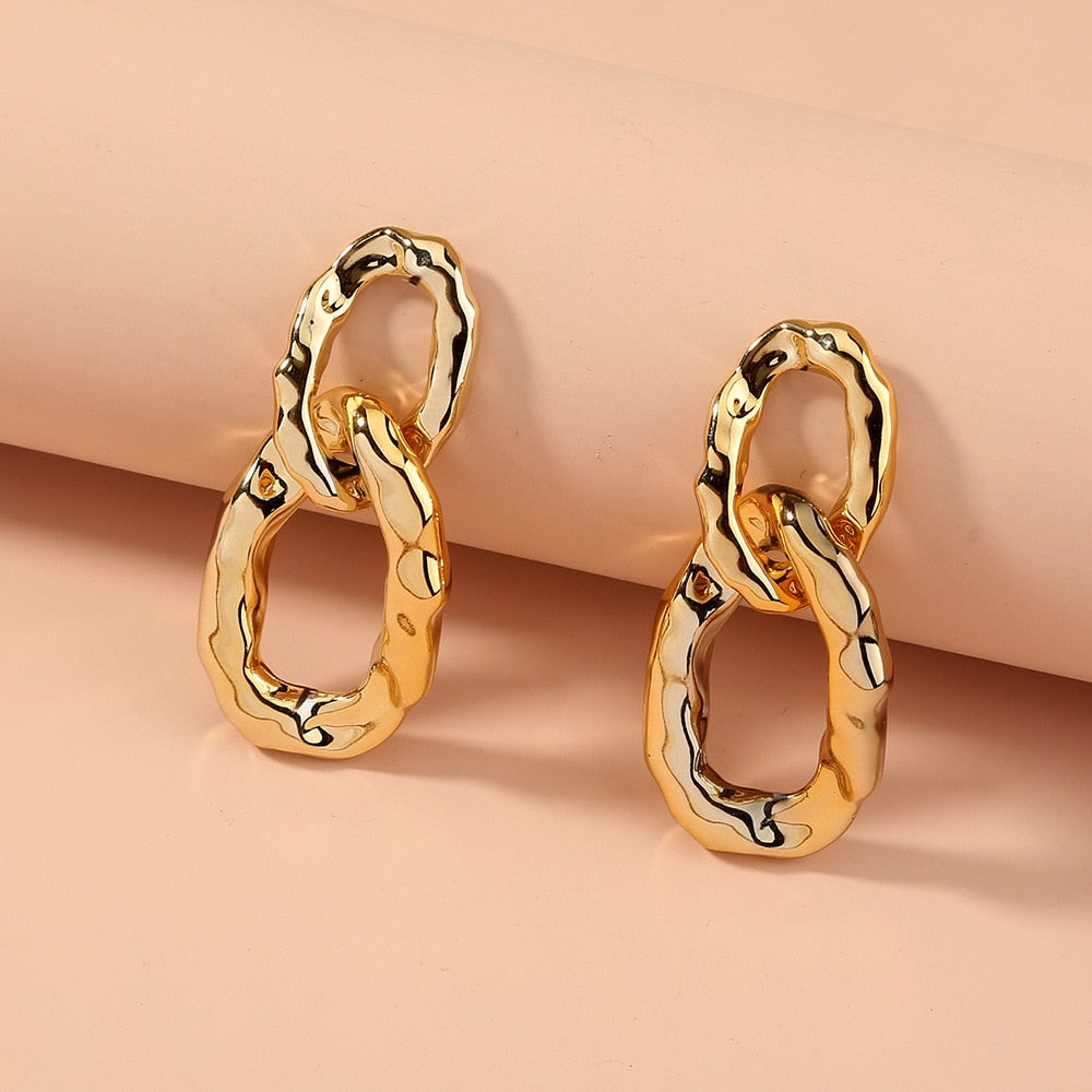 LATS Korea Cuba Bright Gold Color Exaggerated Metal Chain Drop Earrings for Women Retro Punk Chain Earring Vintage Jewelry Gift