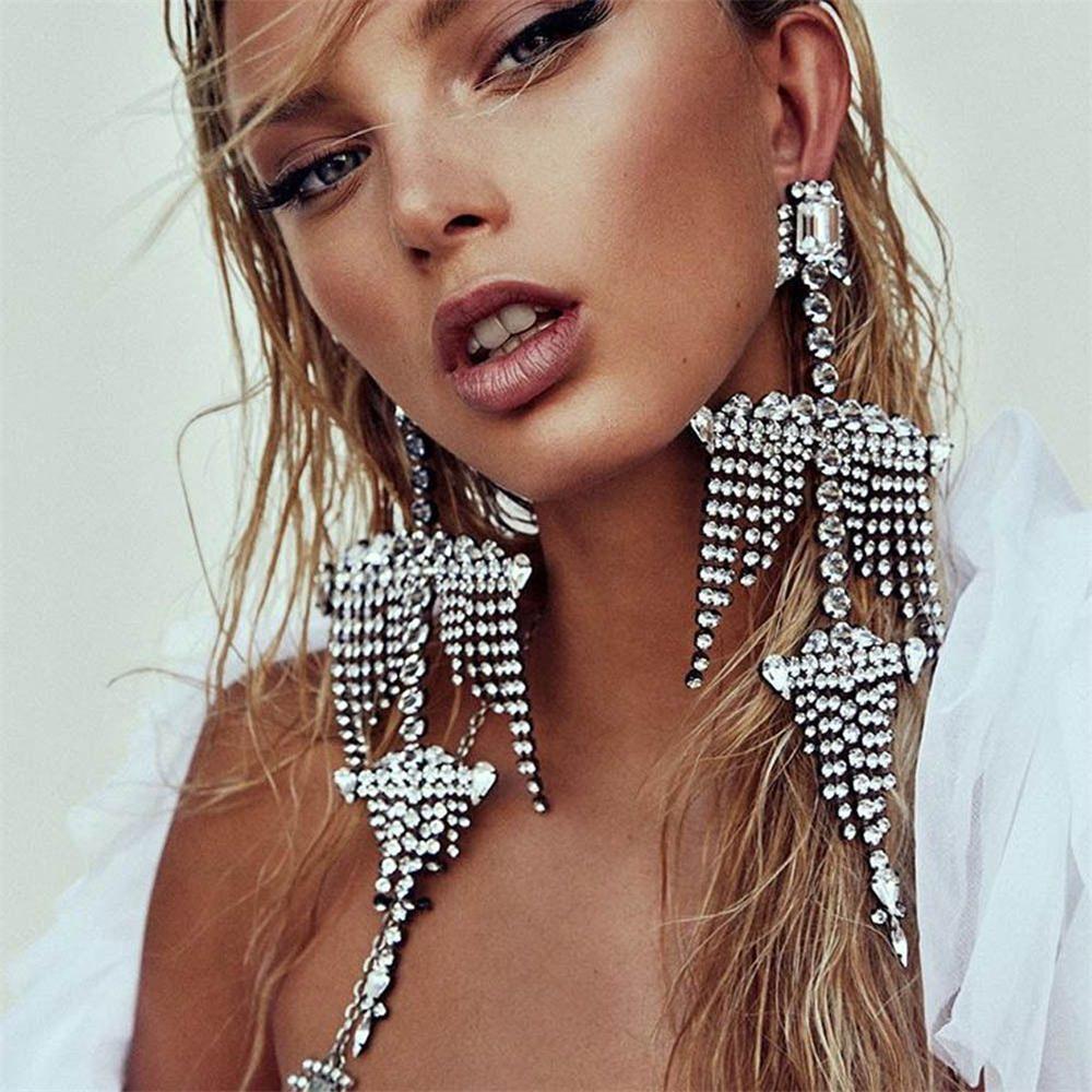 Aveuri Fashion Exaggerated Shiny Rhinestone Tassel Earrings Jewelry Ins Sexy Ladies Stage Get Together Water Drop Pendant Accessories