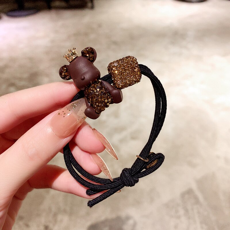 Aveuri 2023 The New Brown Coffee Color Crown Czech Diamond Bear Hair Ring Full Of Diamond Square Hair Rope Ball Head Rope