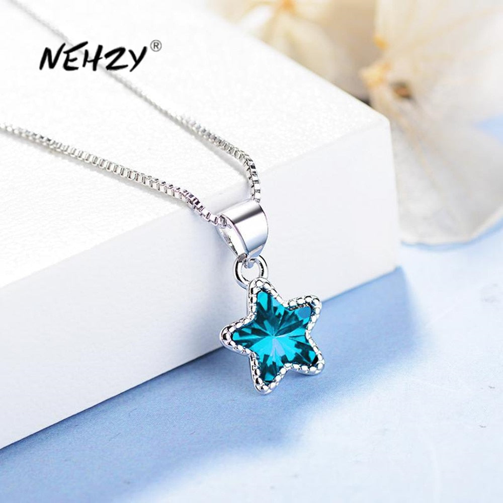 Christmas Gift alloy New Woman Fashion Jewelry High Quality Blue Zircon Pentagram Pendant Necklace Length 45cm