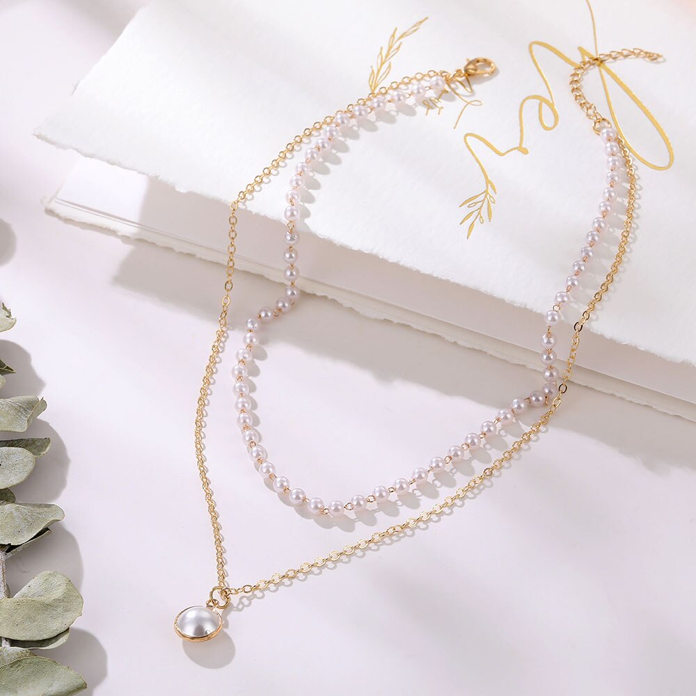 Aveuri  2023 New Double Layer Chain Gold Choker Necklace Women Korean Style Pearl Pendant Necklace Fashion Jewelry Collar Gifts Party