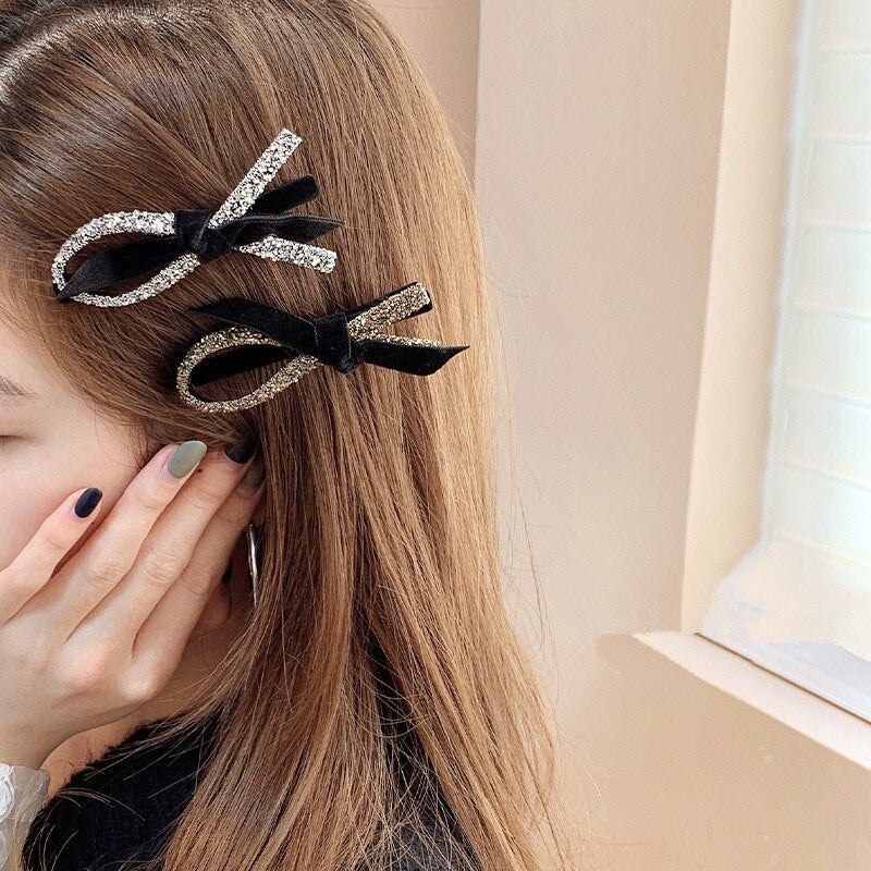 Aveuri 2022 Simple Temperament Dazzling Irregular Hairpin New Velvet Bow Bangs Clip Headdress Girl Retro Duckbill Clip