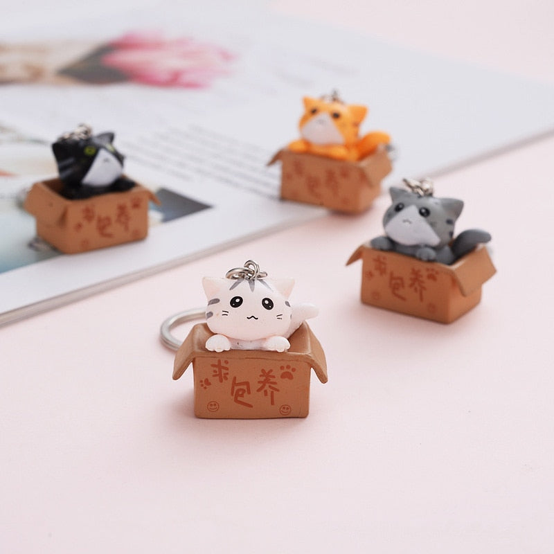 Aveuri Cute Little Box Cat Key Chain Women Men Kawaii Kitten Car Keychain Fashion Letter Keyring Animal Jewelry Dating Anniversary Gift