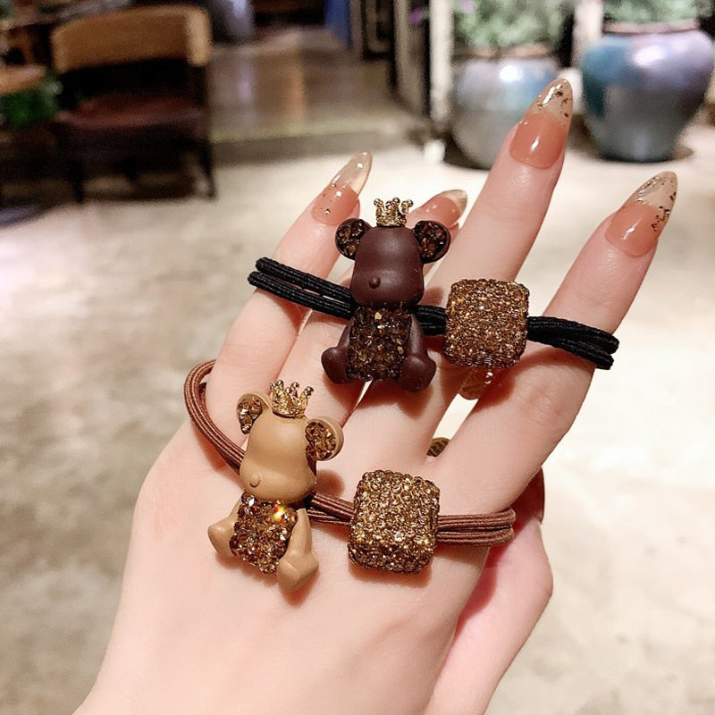 Aveuri 2023 The New Brown Coffee Color Crown Czech Diamond Bear Hair Ring Full Of Diamond Square Hair Rope Ball Head Rope