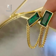 Christmas Gift 2023 New Classic Geometric Rectangle Green Crystal Stainless Steel Chain Tassel Earrings Girl's Unusual Accessories For Woman