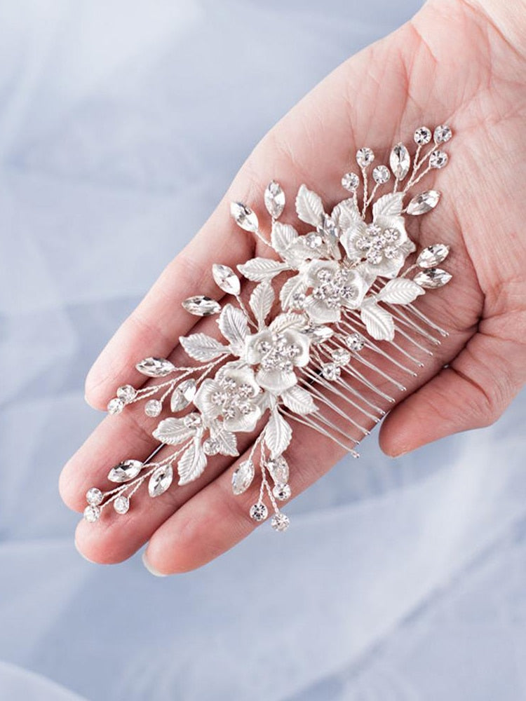 Aveuri Flower Hair Comb Wedding Hair Accessories Silver Color Rhinestone Headband Bridal Tiara Headband Hair Pins Wedding Hair Jewelry