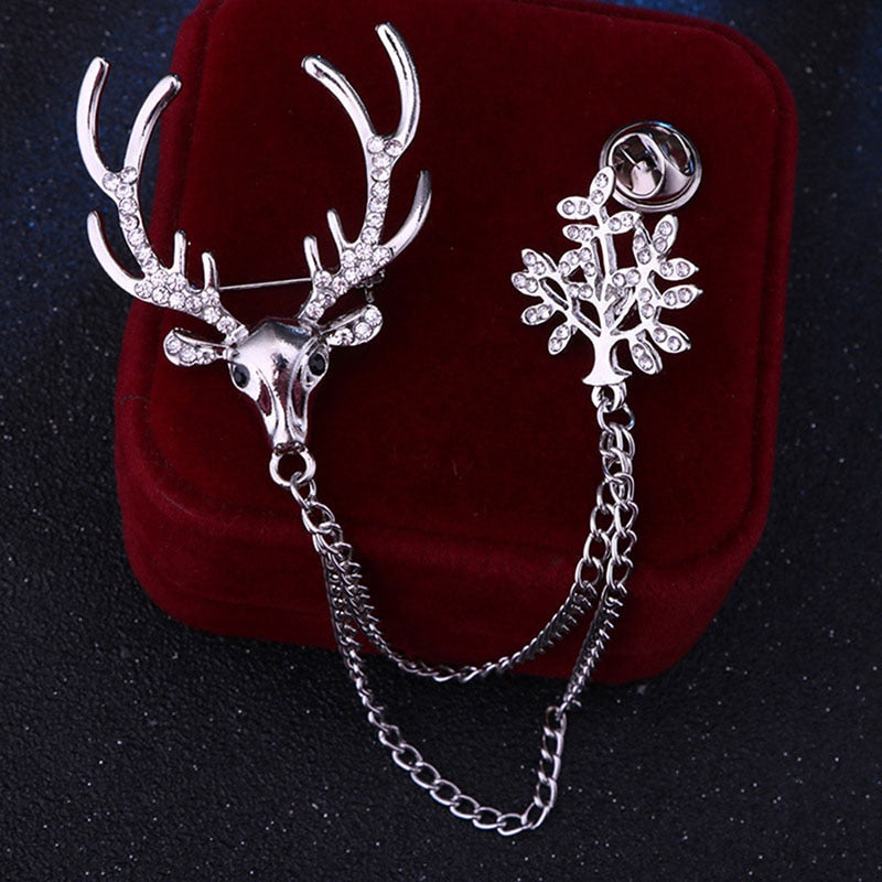 HUISHI Trendy Brooches Reindeer Crown chain Brooch Fashion Metal Cross Dragon Crystal Chain Tassel Badge Pin Collar Accessory