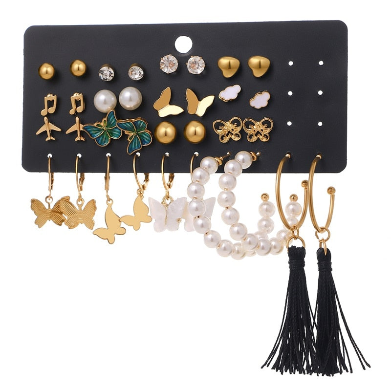 Christmas Gift EN Fashion Pearl Drop Earring Set For Women Trendy Geometric Circle Chain Butterfly Earrings 2023 NEW Set of Earrings Jewelry