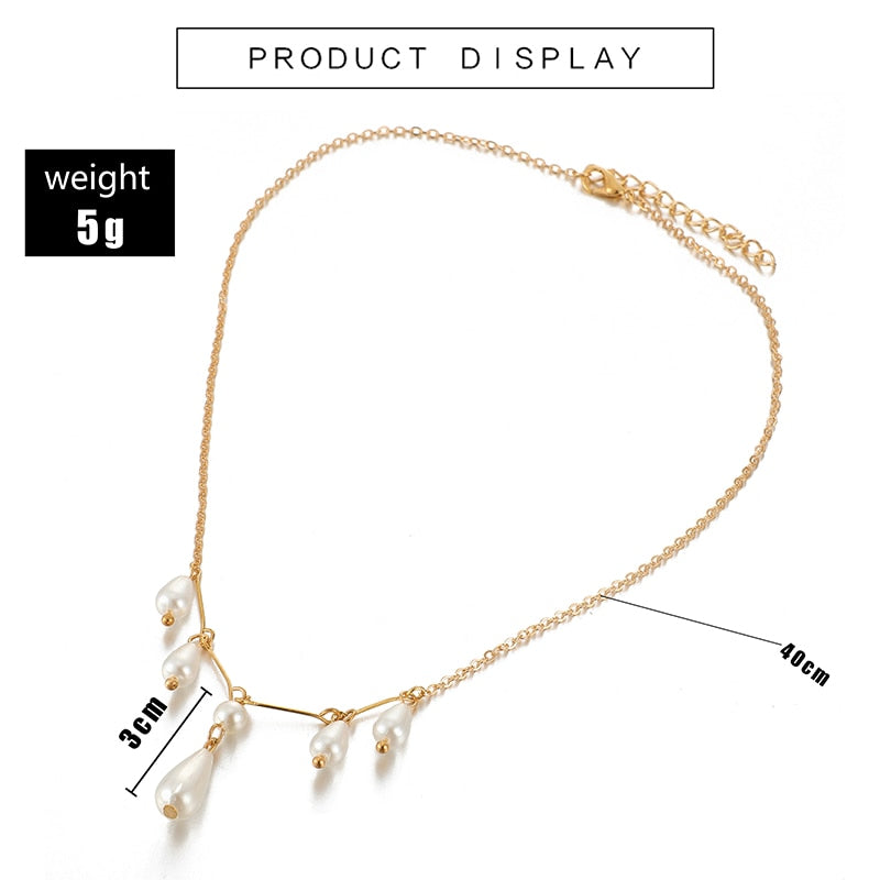 Tocona Elegant Women Pearl Drop Necklaces Gold Chain Choker Suspension White Pearl Tassel Trendy Jewelry Accessories 8791