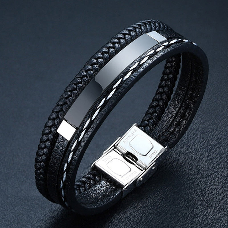 Vnox Multi Layer Leather Bracelets for Men Women Customizable Engraving Stainless Steel Casual Personalized Bangle