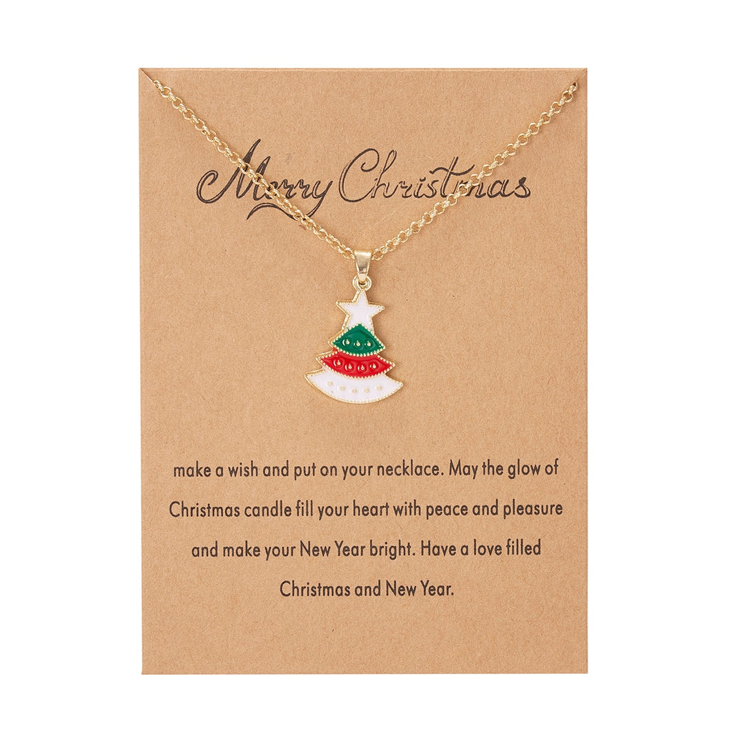 Christmas Gift Cute Christmas Neck Chain Tree Star Snowman Santa Claus Bell Boots Wish Painting Oil Paper Card Necklace Jewelry New Year Gifts