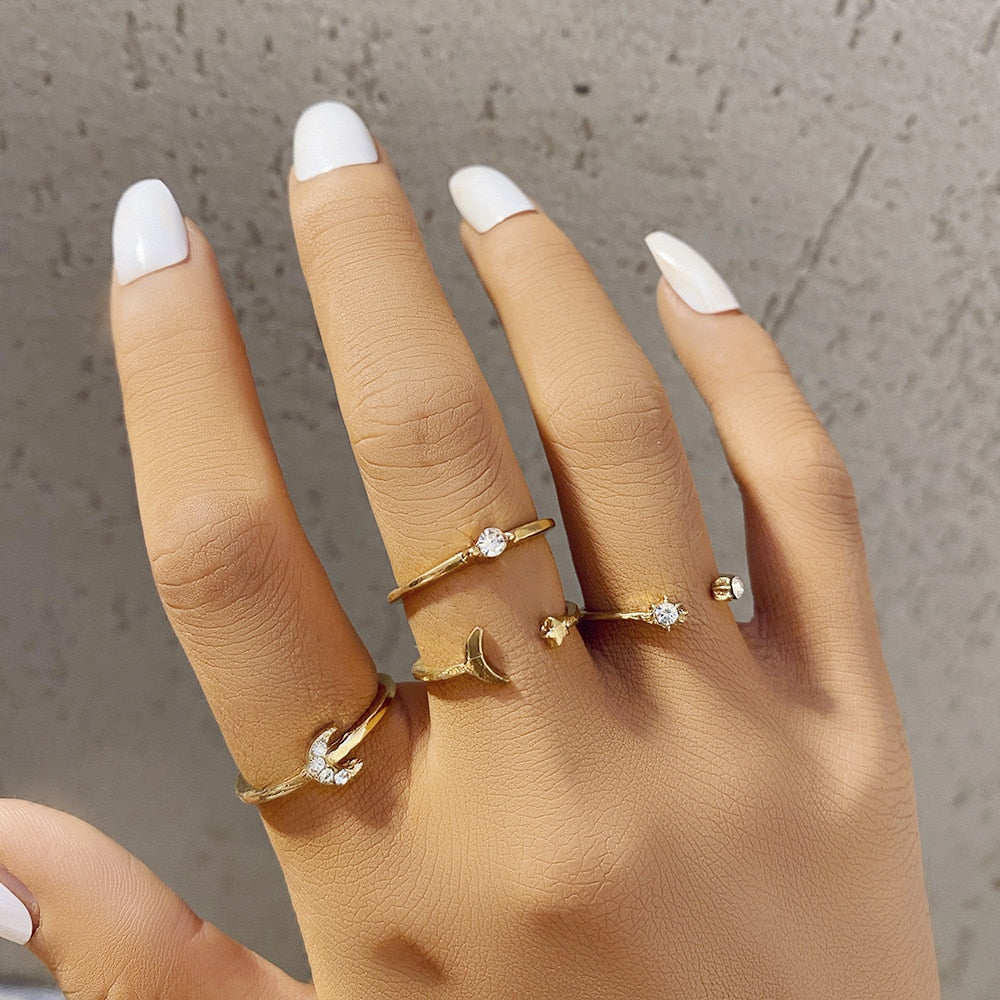 LATS Bohemian Gold Chain Rings Set For Women Fashion Boho Coin Snake Moon Star Rings Party 2023 Female Trend Jewelry Gifts