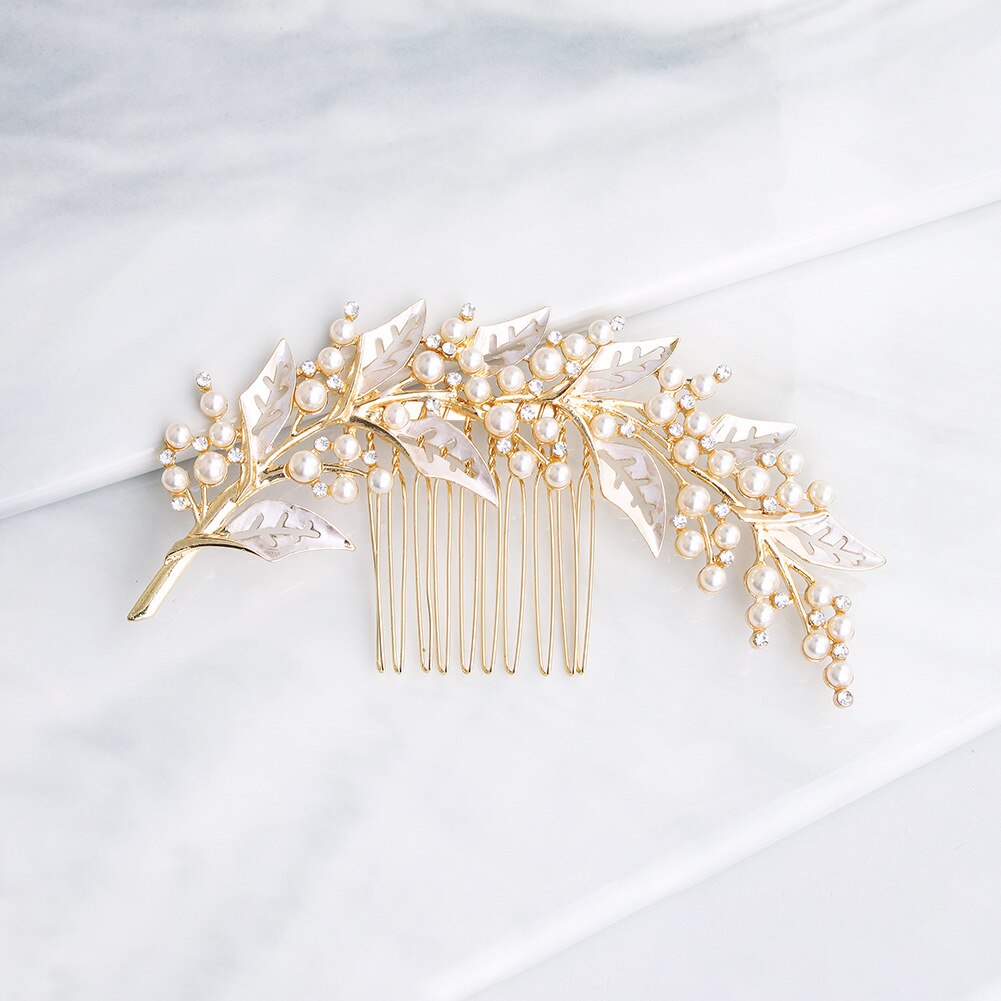 Aveuri Handmade Wedding Hair Combs Tiara Leaf Beads Rhinestone Crystal Headdress Prom Bridal Wedding Hair Accessories Head Jewelry