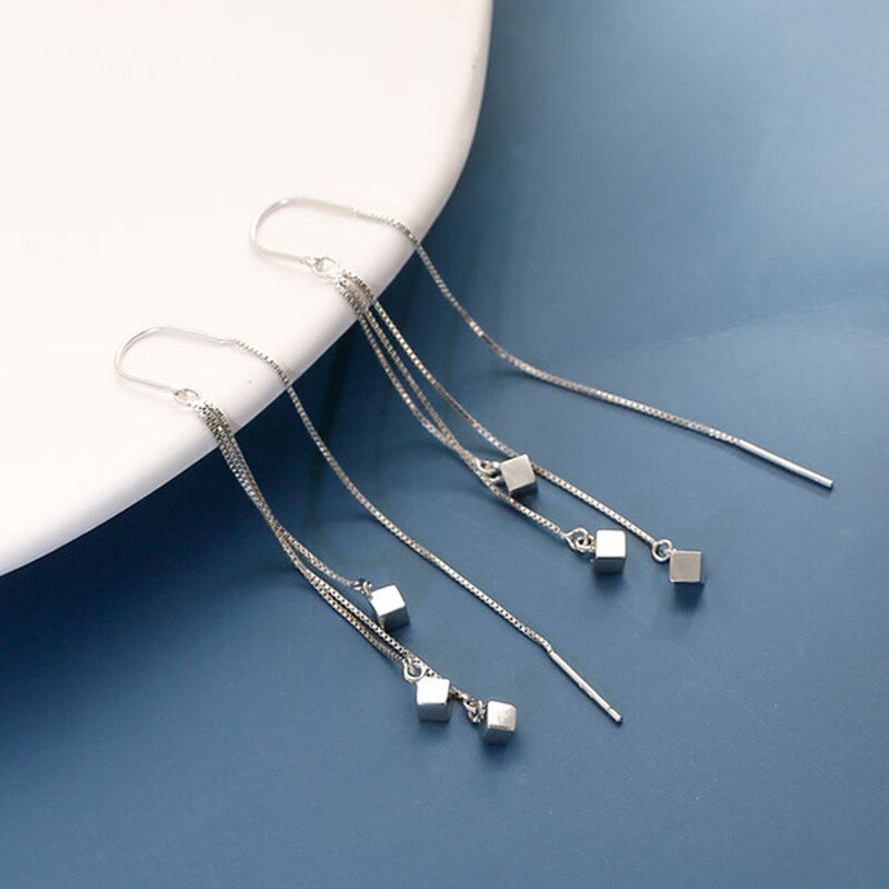 Christmas Gift Prevent Allergy Silver Color Tassel Square Bead Long Drop Earring For Women Party Jewelry Pendientes eh436
