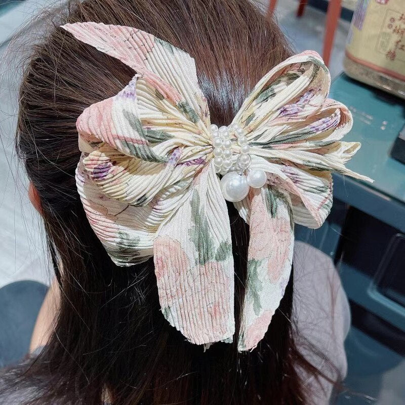 Aveuri Handmade Big Bow Folds bead Steel Clip Spring Clip Sweet Small Floral Top Clip Super Fairy Hair Clip Headdress Female