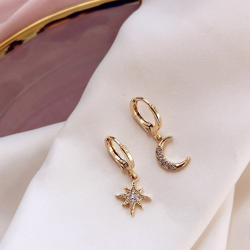 LATS New Sun Moon Dangle Earring Asymmetric Abstract Star Drop Earrings for Women Short Hollow Earings Brincos Fashion Jewelry