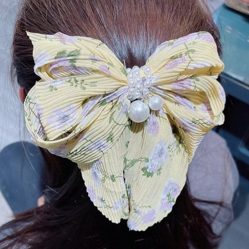 Aveuri Handmade Big Bow Folds bead Steel Clip Spring Clip Sweet Small Floral Top Clip Super Fairy Hair Clip Headdress Female