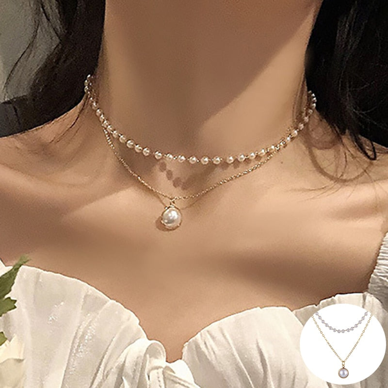 Aveuri  2023 New Double Layer Chain Gold Choker Necklace Women Korean Style Pearl Pendant Necklace Fashion Jewelry Collar Gifts Party