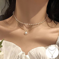 Aveuri  2023 New Double Layer Chain Gold Choker Necklace Women Korean Style Pearl Pendant Necklace Fashion Jewelry Collar Gifts Party