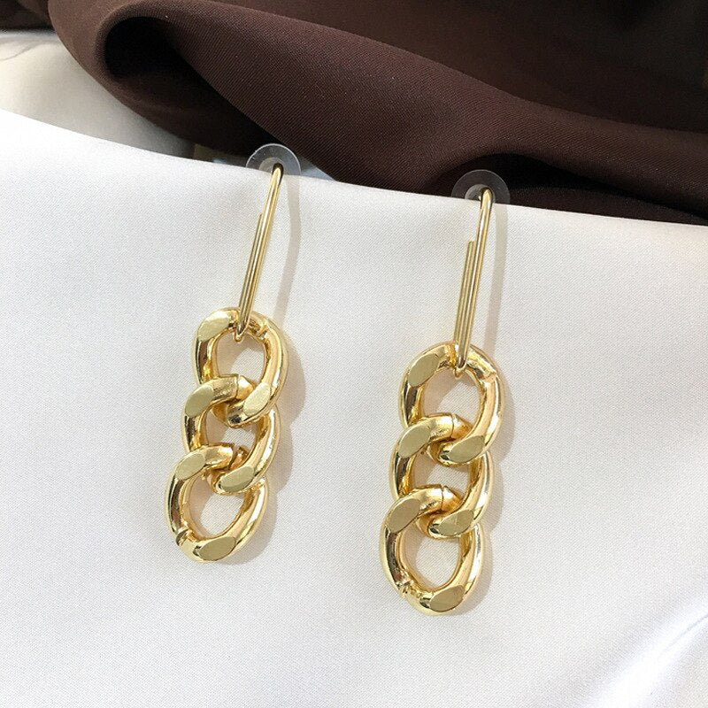 LATS Korea Cuba Bright Gold Color Exaggerated Metal Chain Drop Earrings for Women Retro Punk Chain Earring Vintage Jewelry Gift