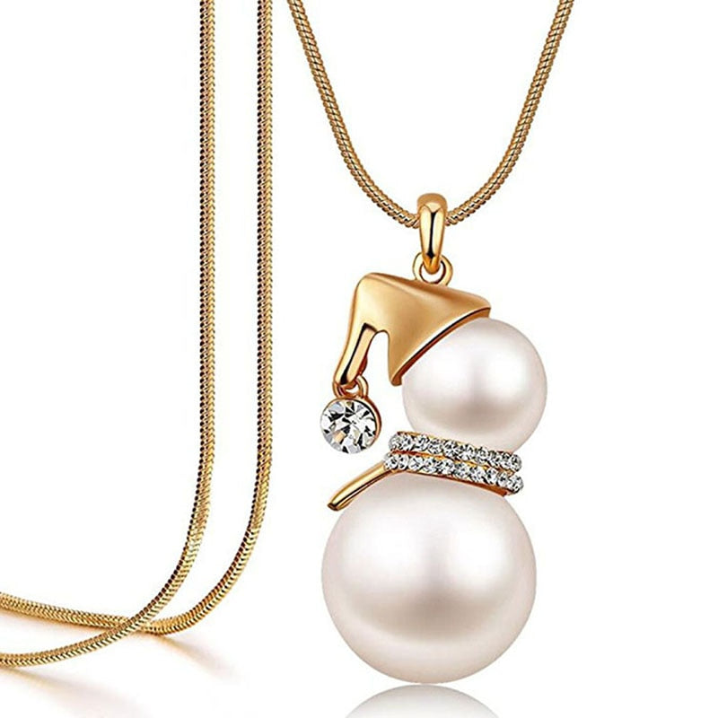 Christmas Gift Fashion Cute Snowman Pendant Long Necklace for Women Gold Color Pearl Jewelry Gifts Wedding Jewelry Santa Claus Christmas Trendy