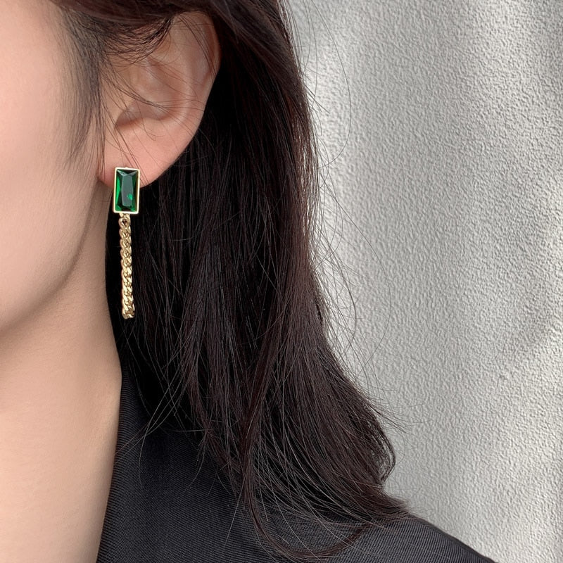 Christmas Gift 2023 New Classic Geometric Rectangle Green Crystal Stainless Steel Chain Tassel Earrings Girl's Unusual Accessories For Woman