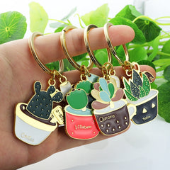 Aveuri Lovely Cactus Keychain Women Succulent Potted Succulent Plants Shaped Keychain Ring Gold Car Key Chains Best Gift For Friend