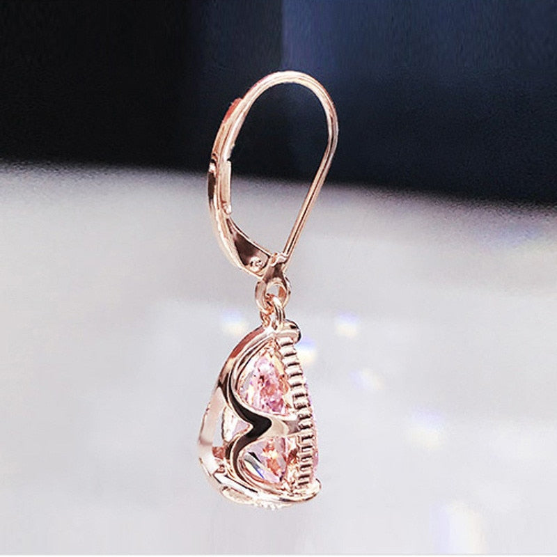 Aveuri Christmas Gift Drop Earrings For Women Pink Cubic Zirconia Water Drop Rose Gold Color Dangle Earring Bridal Wedding Temperament Jewelry CCE624