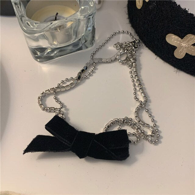 Aveuri 2023 Korea Sweet Black Velvet Bow Double Necklace Simple Bowknot Plush Pearl Clavicle Chain Collar For Women Lady Jewelry