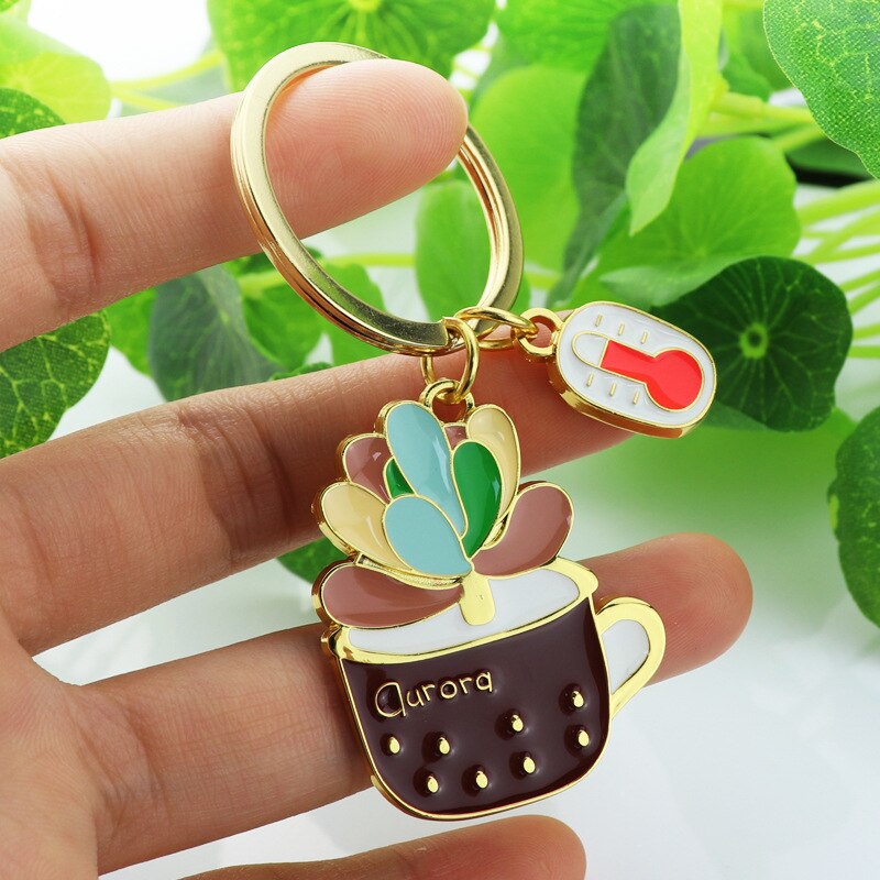 Aveuri Lovely Cactus Keychain Women Succulent Potted Succulent Plants Shaped Keychain Ring Gold Car Key Chains Best Gift For Friend