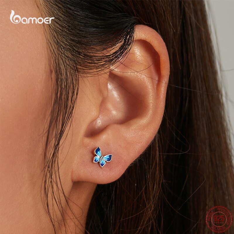 AVEURI New Blue Delicate Butterfly Stud Earrings for Girl Genuine  Animal Earrings Beautiful Wedding Jewelry